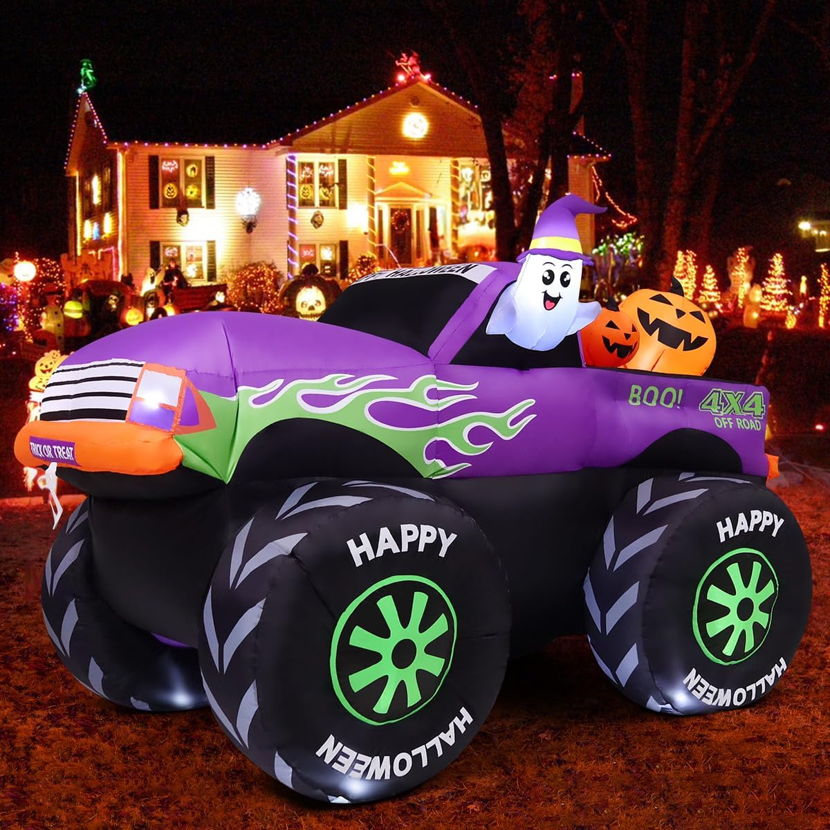 GOOSH 8 FT Long Halloween Inflatables Monster Truck Outdoor Decorations Blow Up Yard Cute Ghost with Pumpkin on Truck Car ...
