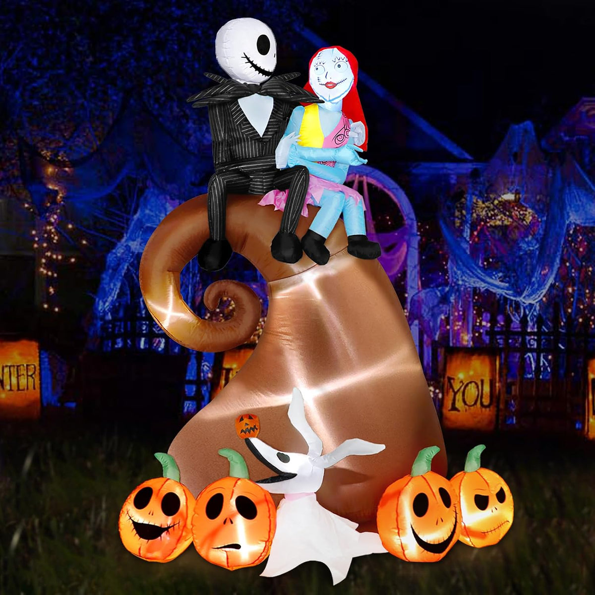 6 Ft Inflatable Halloween Outdoor Yard Decoration - Halloween Hill Skeleton Couple with Pumpkin Multi-Element