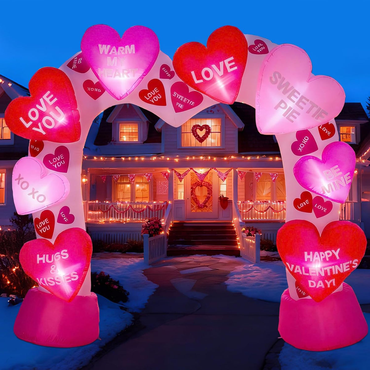 Jenaai 8 Ft Valentine's Day Inflatable Archway Love Conversation Heart Blow Up Yard Decoration Build-in LED