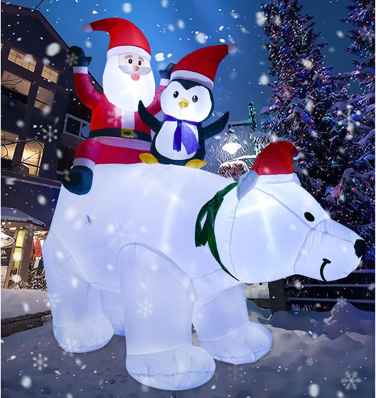 Artiflr 7FT Lighted Christmas Inflatable Polar Bear with Santa Claus and Penguine Christmas Decoration for