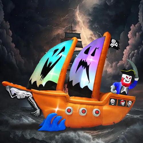 Inflatable orange pirate ship with ghost sails and a pirate