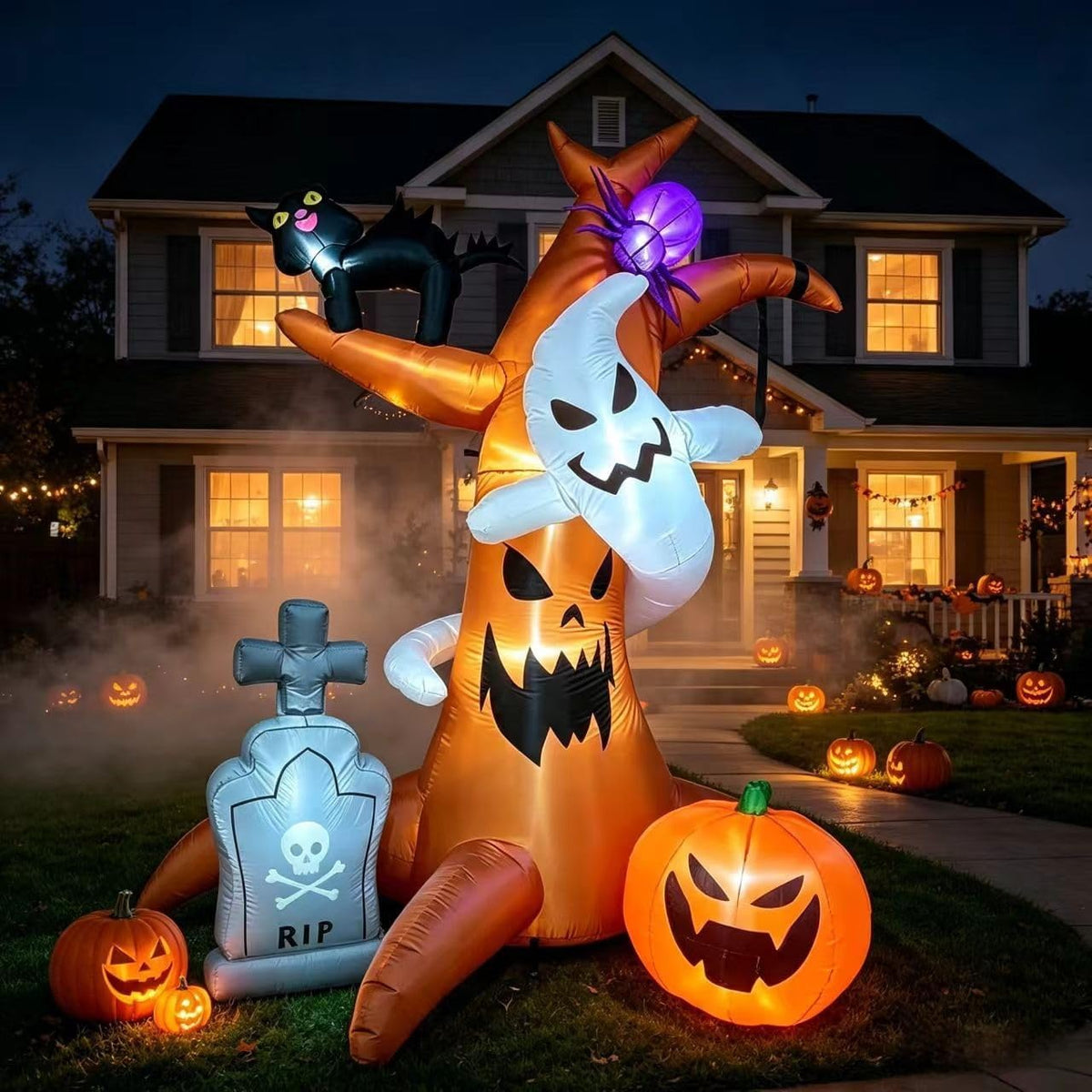 8FT Halloween Inflatable Haunted Tree Yard Outdoor Decor, LED Lighted / Blow Up Dead Tree with Ghost,