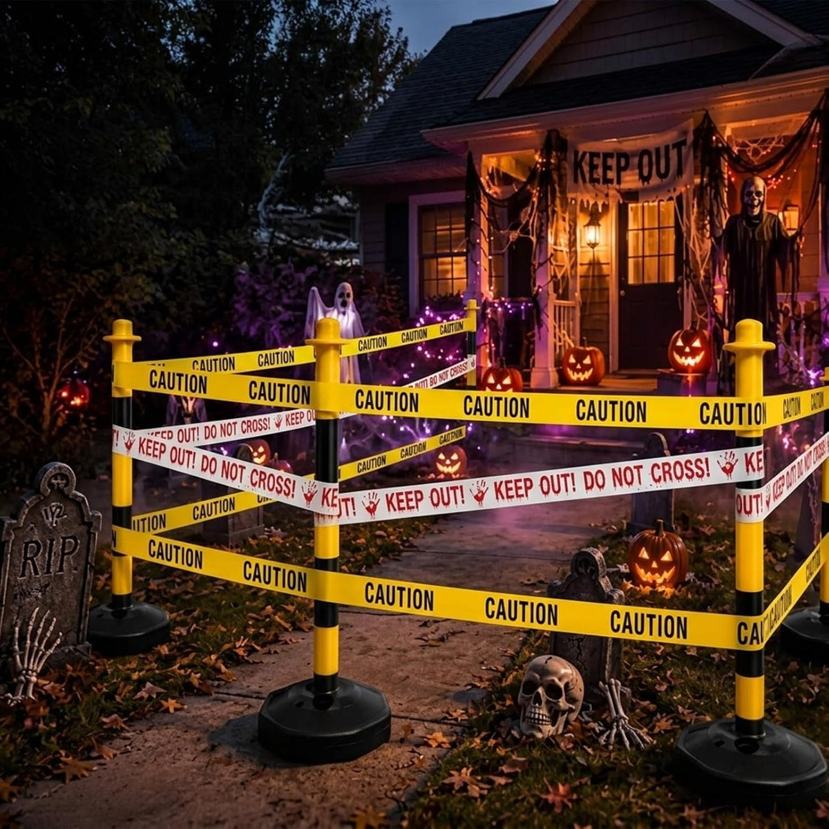 Ripeng Halloween Outdoor Decor, Traffic Delineator Poles with Caution Tape / 4 Pack 34 Inch, DIY Spooky Yard