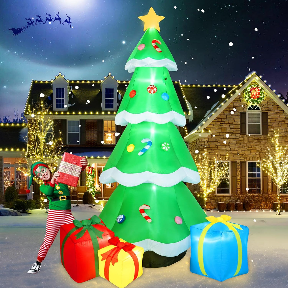 B&D 10FT Giant Inflatable Christmas Tree with Gift Box, Built-in LEDs - Outdoor Decoration for Holiday Party