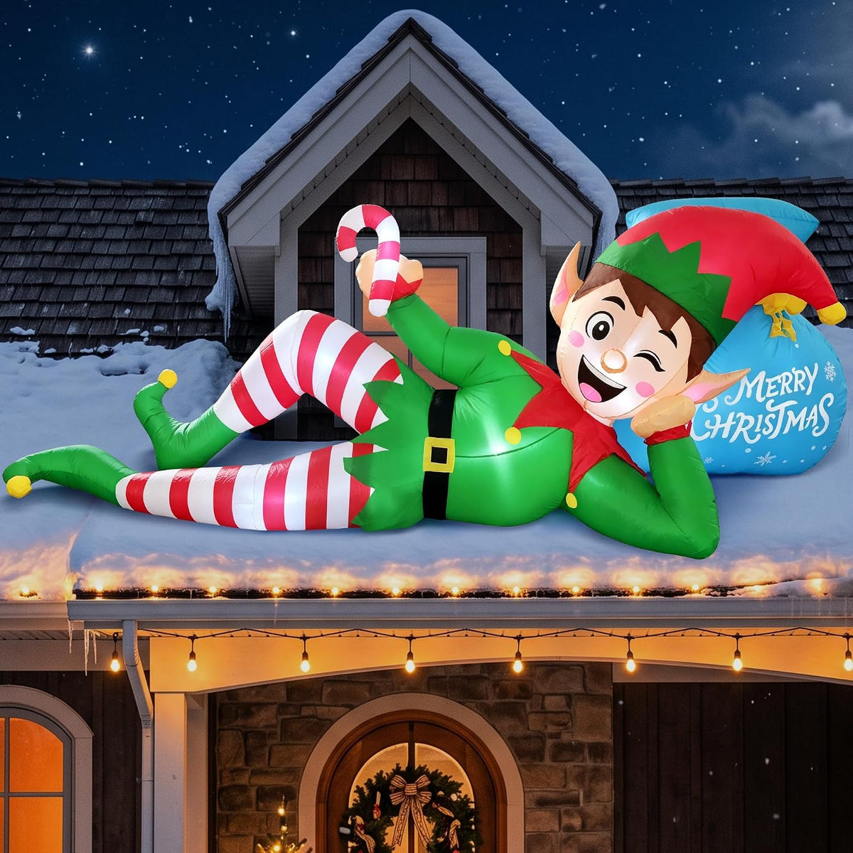 JOVIPOP 10FT Christmas Inflatables Lying Elf Outdoor Yard Decoration / Blow Up Reclining Elf with Built-in