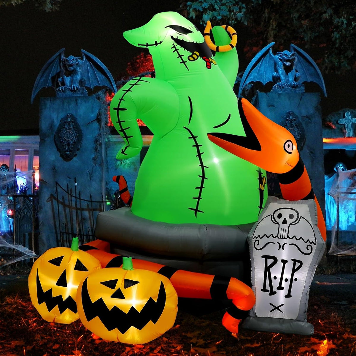 6Ft Halloween Inflatable Outdoor Decoration,Halloween Blow Up Green Monster with Snake Pumpkins and Tombstone
