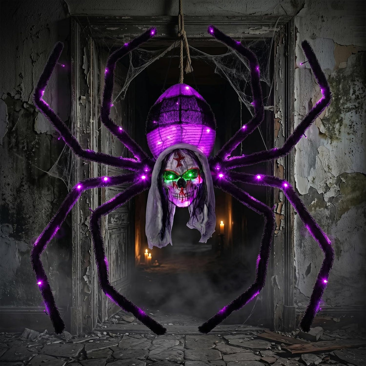 52" Halloween Giant Skull Face Spider, Lighted Outdoor Decoration with Flashing Red & Green Eyes, 70 LED