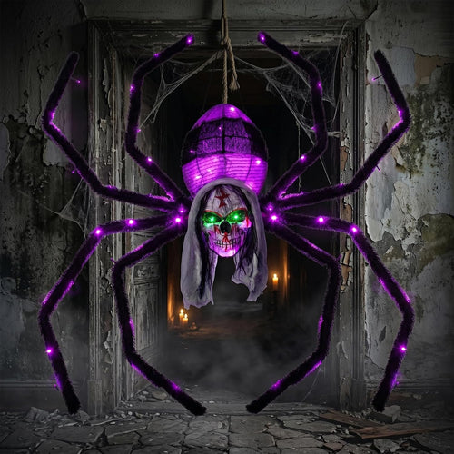 52" Halloween Giant Skull Face Spider, Lighted Outdoor Decoration with Flashing Red & Green Eyes, 70 LED