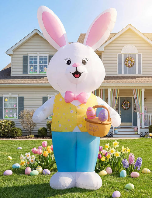 14FT Giant Easter Bunny Inflatable Outdoor Decoration, Extra Tall Bunny Blow Up with Built-in LED Lights,