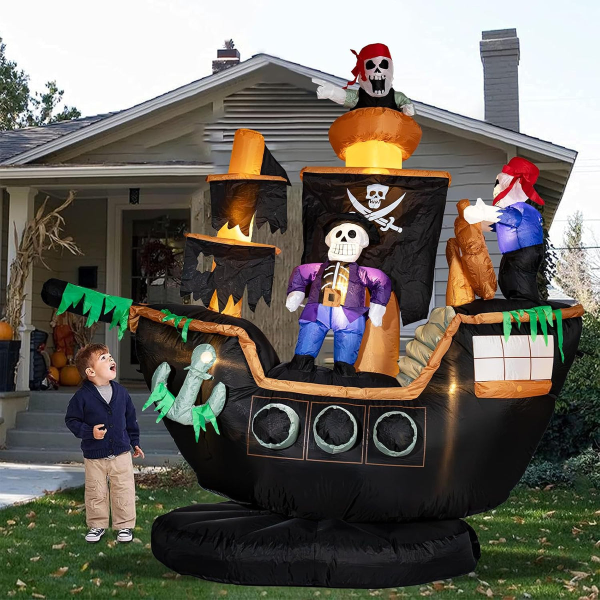7FT Halloween Inflatable Giant Skeletons Ghosts Pirate Ship Outdoor Decor / Large Inflatable Built-in LEDs