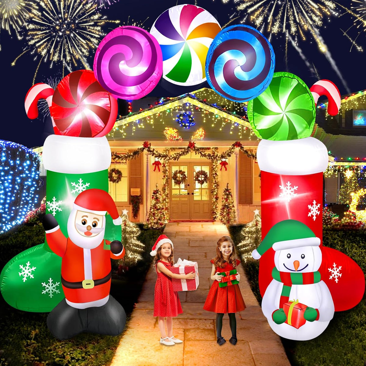 Hazms 7.8FT Christmas Inflatable Archway, Santa & Snowman Standing with Candy Arch Inflatable Christmas Blows