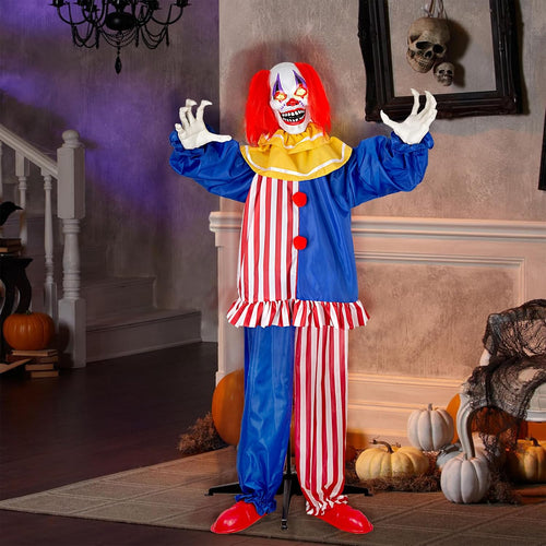 67” Animatronics Standing Red Blue Clown with Sound & Touch Activated, Light-up Eyes, Spooky Sounds, Motion -