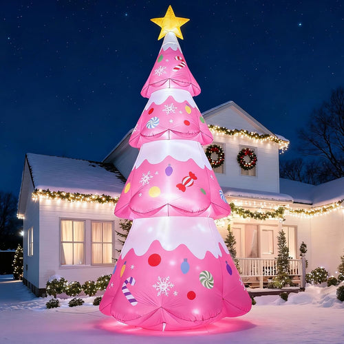12 FT Pink Christmas Tree Inflatables Outdoor Decorations, Blow Up Candy-Themed Christmas Tree with Rotating