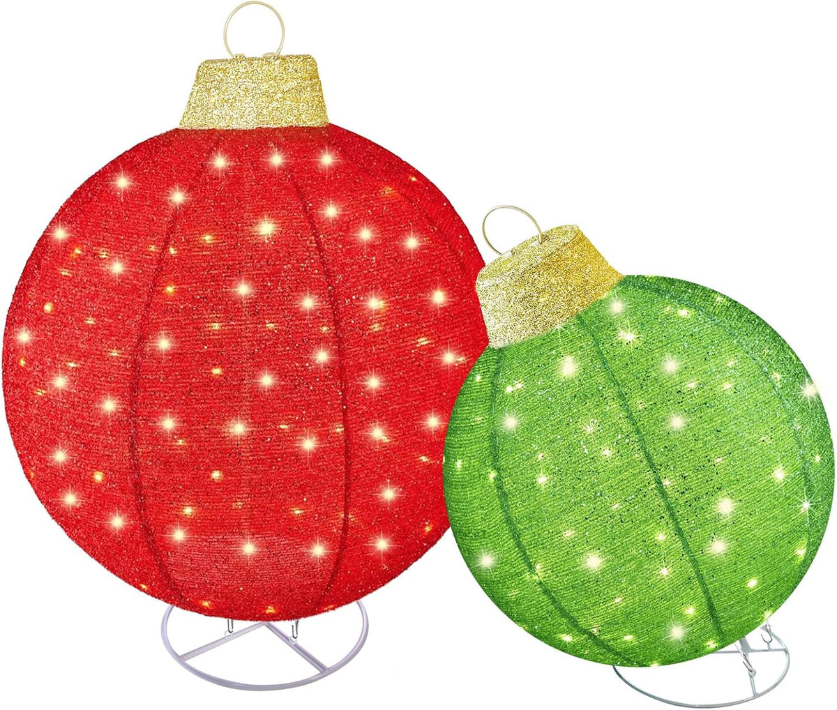HOYECHI 2pc Lighted Pop-Up Outdoor Christmas Ornament Set – Holiday Ball Decorations with 200 LED Lights, 8
