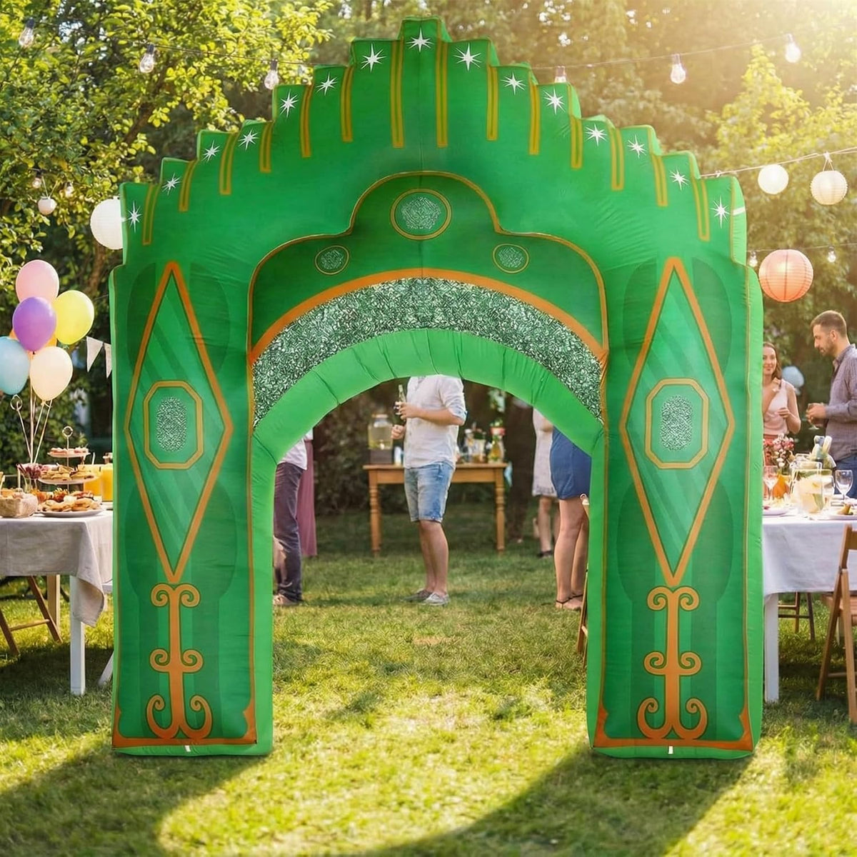 Preboun 10ft Inflatable Green Emerald Castle Arch with LED Lights / Wizard Birthday Decor, Inflatable Green