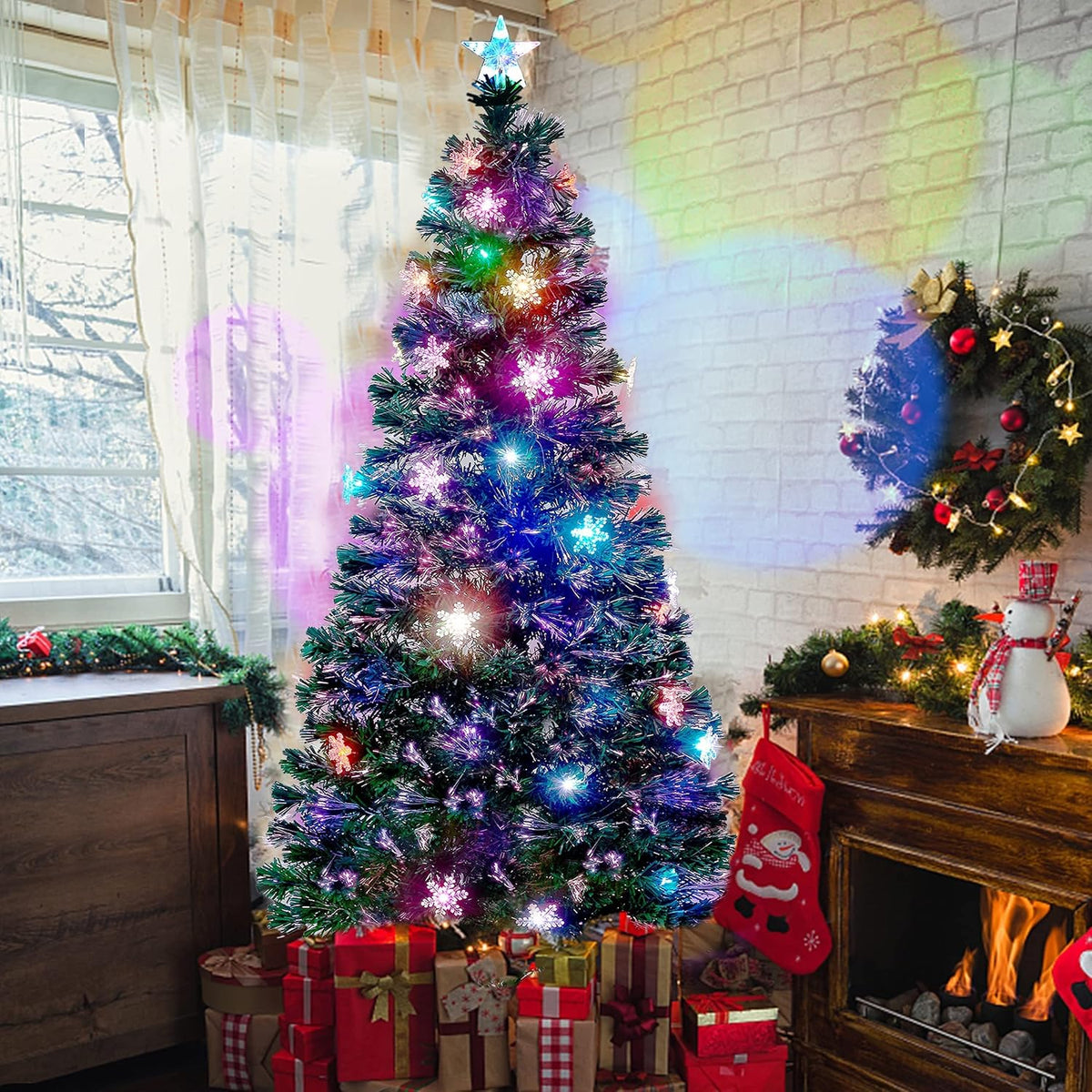 Juegoal 6 ft Pre-Lit Optical Fiber Christmas Artificial Tree, RGB Color Changing LED Lights, Snowflakes & T
