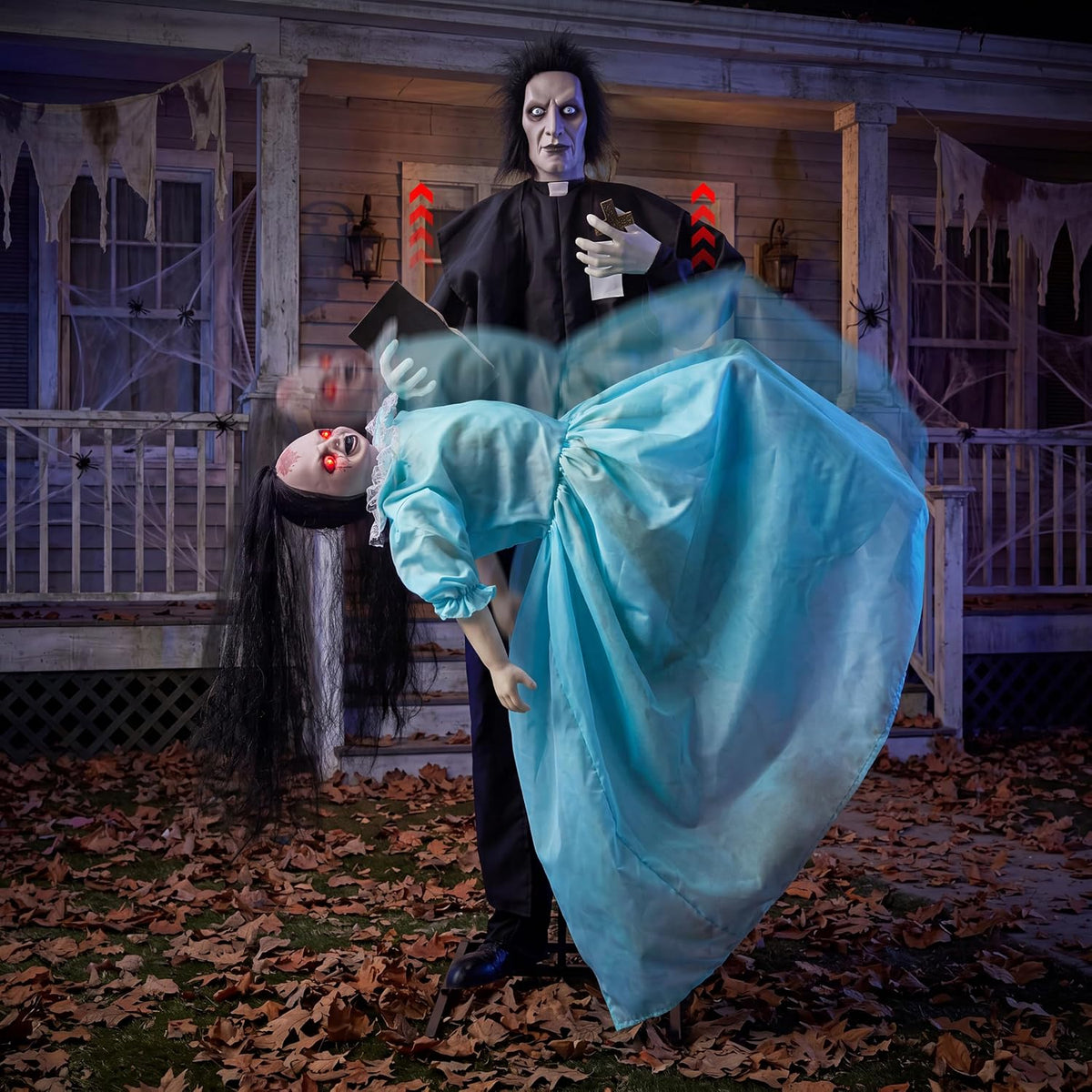 JOYIN 69" Halloween Animatronic Decorations Outdoor Exorcist Priest and Levitating Girl, 2 Pcs Sound